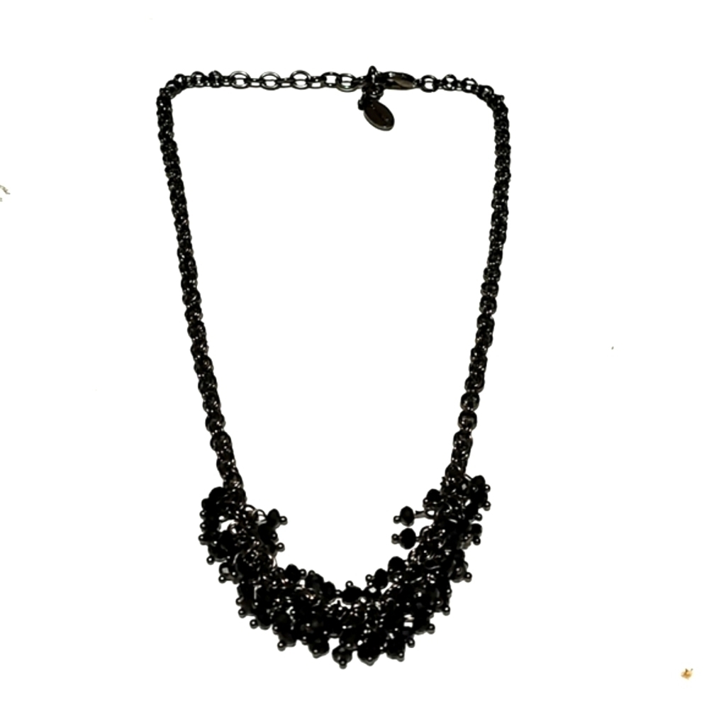 VINTAGE TINY BEADED BLACK CLUSTERED DANGLE GUNMETAL CHAIN 21" NECKLACE